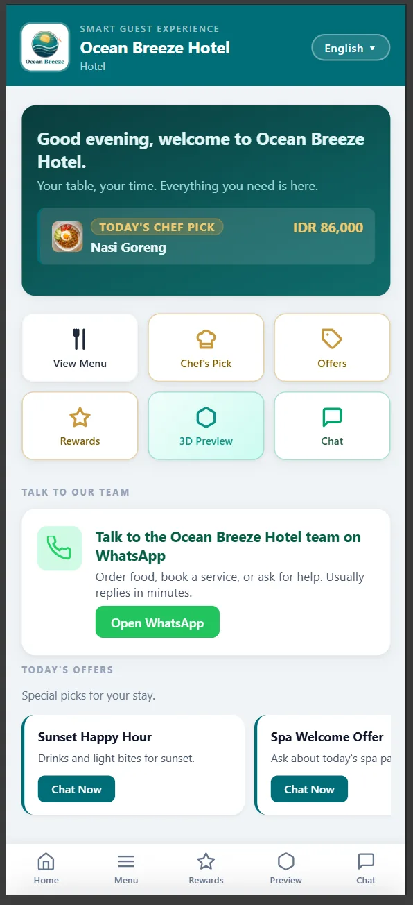 Ocean Breeze Hotel QR3X Guest Hub showing menu, offers, rewards, 3D preview and WhatsApp actions