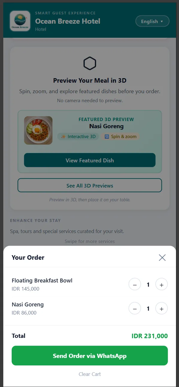 QR3X Guest Hub order summary with contextual WhatsApp order button